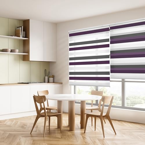 Blindecor Lira duo rollo tag und nacht , tricolor Braun, Violett, Weiß - 140 x 180 cm (Breite x Länge). Stoffgröße 137 x 175 cm. Doppelrollo für fenster von Blindecor