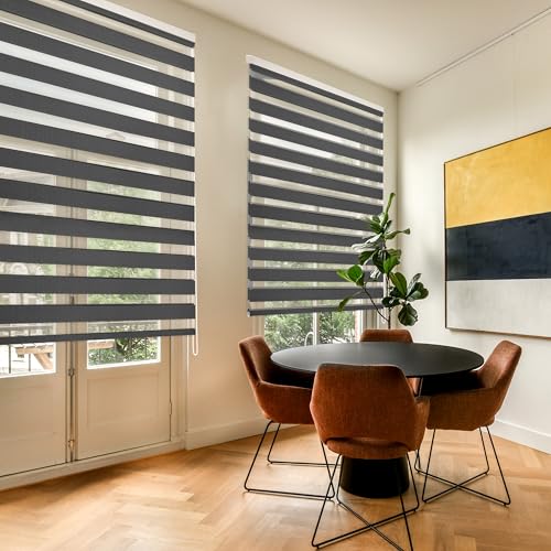 Blindecor Lira doppelrollo - duo rollo tag und nacht Anthrazitgrau - 140 x 180 cm (Breite x Länge) | Stoffgröße 137 x 175 cm | Fensterrollo zebra von Blindecor