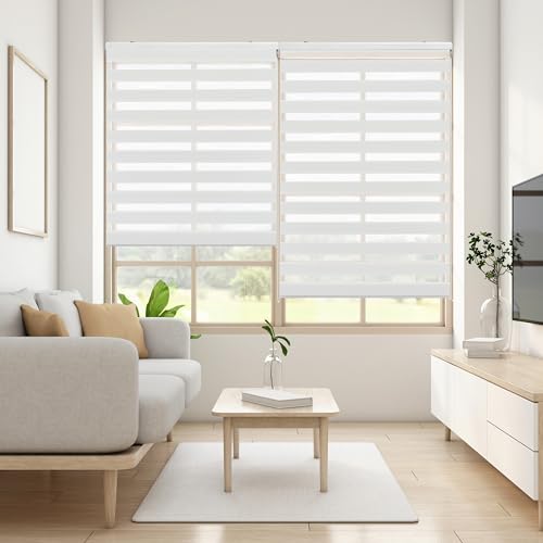 Blindecor Lira doppelrollo - duo rollo tag und nacht Gebrochenes Weiß - 100 x 250 cm (Breite x Länge) | Stoffgröße 97 x 245 cm | Fensterrollo zebra von Blindecor