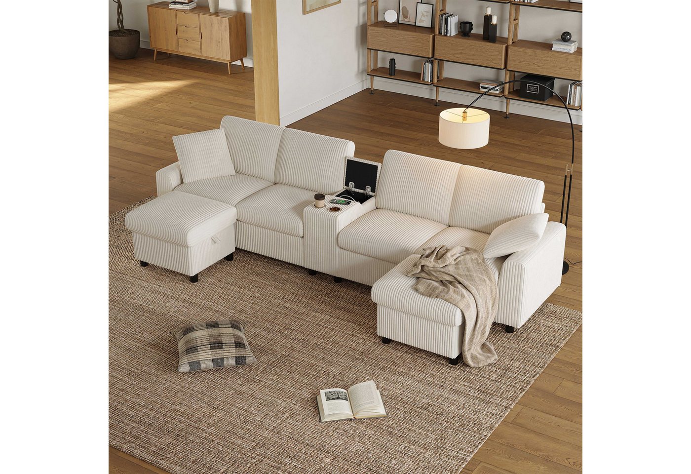 BlingBin 4-Sitzer Modernes U-förmiges Sofa aus Cord Sofa für Wohnzimmer, Arbeitszimmer, mit 2 Getränkehaltern und 2 Zierkissen, B315×H81×T135 cm 1 Teile, mit USB-, Type-C- und Steckdosen-Ladefunktion BlingBin 4-Sitzer Modernes U-förmiges Sofa aus Cord Sofa für Wohnzimmer, Arbeitszimmer, mit 2 Getränkehaltern und 2 Zierkissen, B315×H81×T135 cm 1 Teile, mit USB-, Type-C- und Steckdosen-Ladefunktion von BlingBin