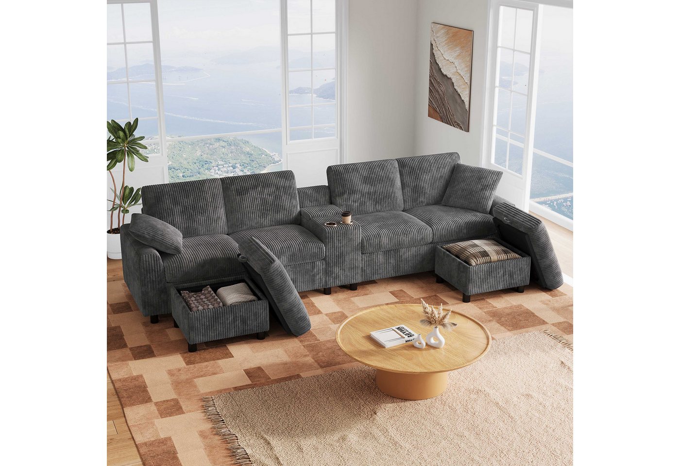 BlingBin 4-Sitzer Modernes U-förmiges Sofa aus Cord Sofa für Wohnzimmer, Arbeitszimmer, mit 2 Getränkehaltern und 2 Zierkissen, B315×H81×T135 cm 1 Teile, mit USB-, Type-C- und Steckdosen-Ladefunktion BlingBin 4-Sitzer Modernes U-förmiges Sofa aus Cord Sofa für Wohnzimmer, Arbeitszimmer, mit 2 Getränkehaltern und 2 Zierkissen, B315×H81×T135 cm 1 Teile, mit USB-, Type-C- und Steckdosen-Ladefunktion von BlingBin