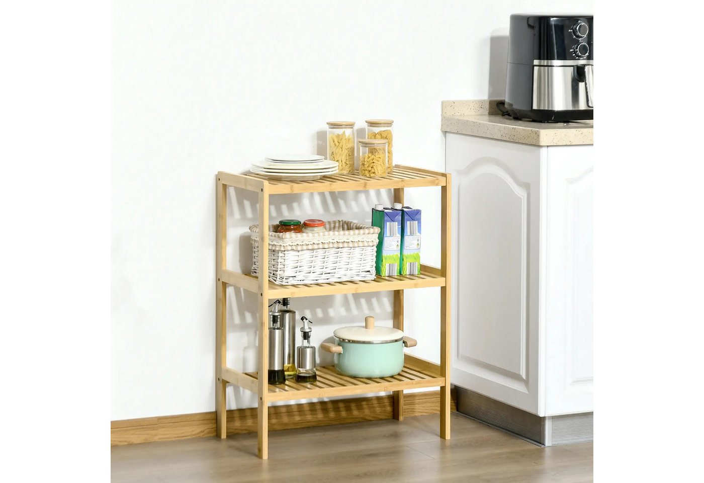 BlingBin Ablageregal Badregal Standregal mit 3 Ebenen, Bambusregal, 1 Stück 1-tlg., für Bad, Küche, Wohnzimmer, Flur von BlingBin