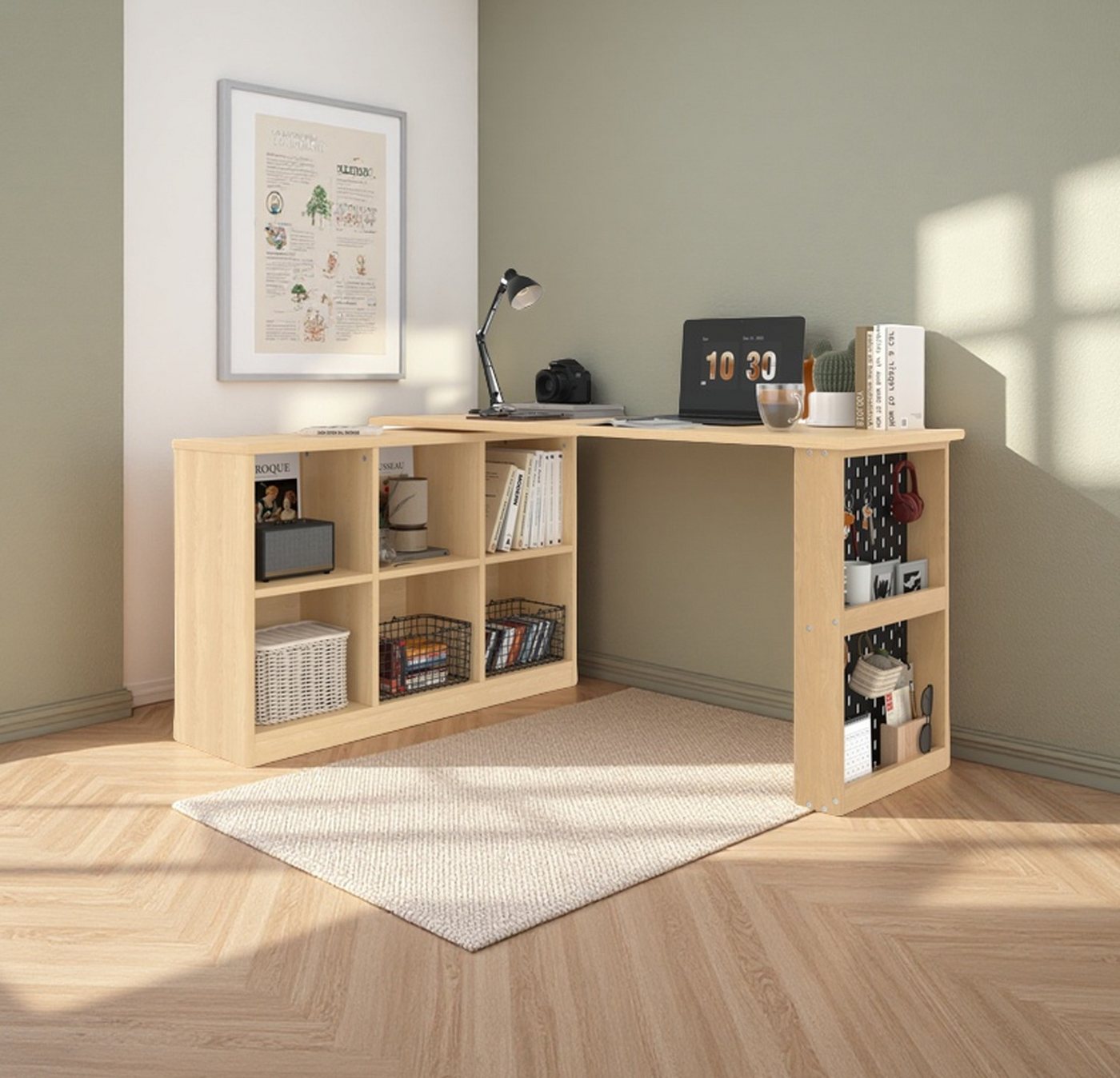 BlingBin Arbeitstisch Multifunktionaler Bürotisch, Sechsfach-Lagerschrank Ablage (1 Set, 1-St., 140 x 104 x 75cm), Lochplatte + Ablage, super belastbar, veränderbare Form von BlingBin