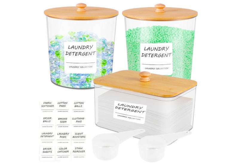 BlingBin Aufbewahrungsbox 3 Stück Waschmittel Pod Aufbewahrung Behälter mit Deckel (3 Stück, 3 St., 2 Rund 1 Quadratisch), Mehrzweck Waschmittelbehälter Mit 12 Etiketten Und 2 Löfeln von BlingBin