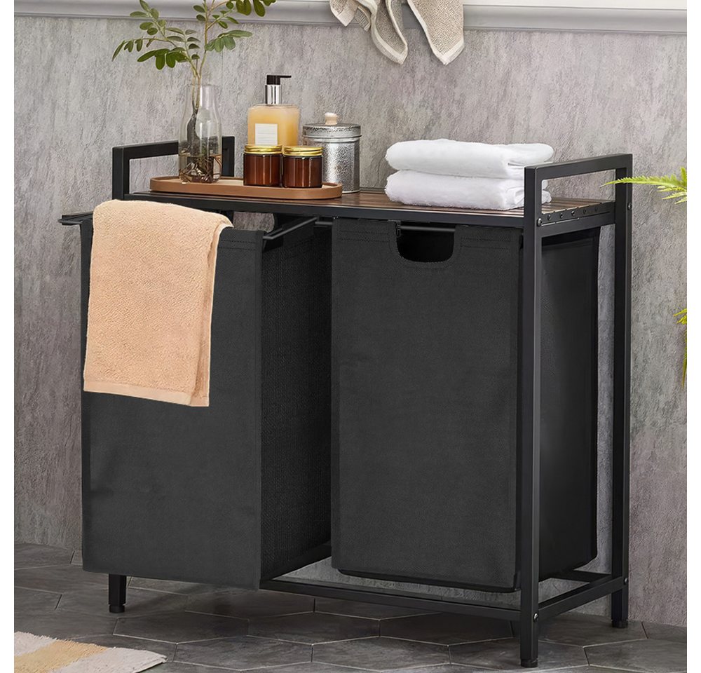 BlingBin Ausziehwäschekorb Wäschesammler 2×48L mit Regal, Metallrahmen & abnehmbaren Taschen (1er Set, 1 St., 74×32×72 cm), Herausnehmbare, waschbare Beutel von BlingBin