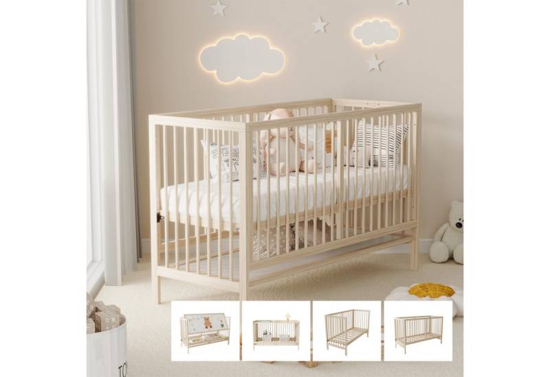 BlingBin Babybett Multifunktionales Babybett,Höhenverstellbar Kinderbett Massivholzbett, 1-tlg., Umwandelbar in Nebenbett/Malerbrettständer/Schreibtisch, Ohne Matratze von BlingBin