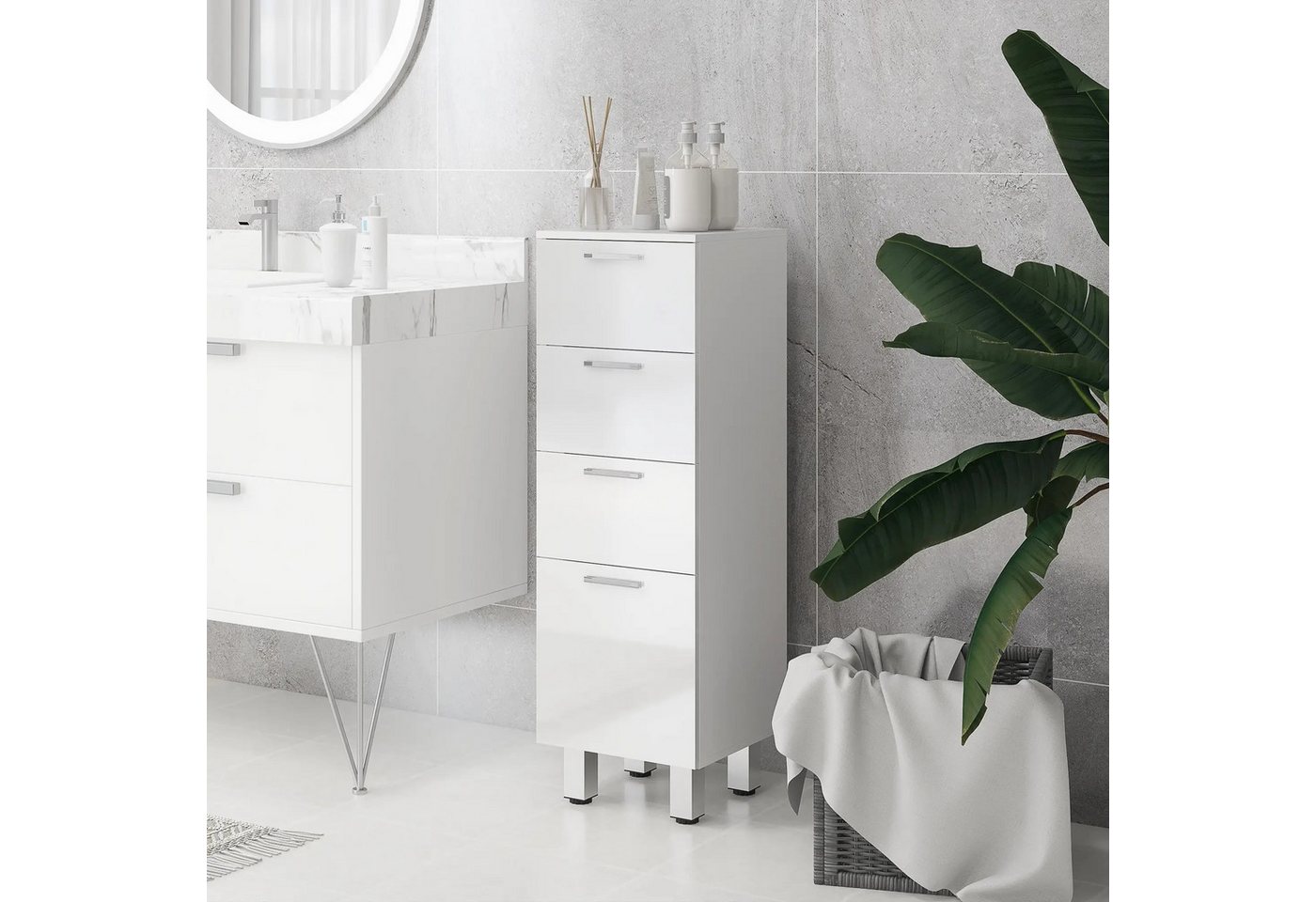 BlingBin Badkommode Badezimmerschrank Nischenschrank schmal mit 4 Schubladen (1er Set, 1 St., 30cm x 30cm x 93cm), verstellbar Regal Toilettenschrank Badschrank für Badezimmer von BlingBin