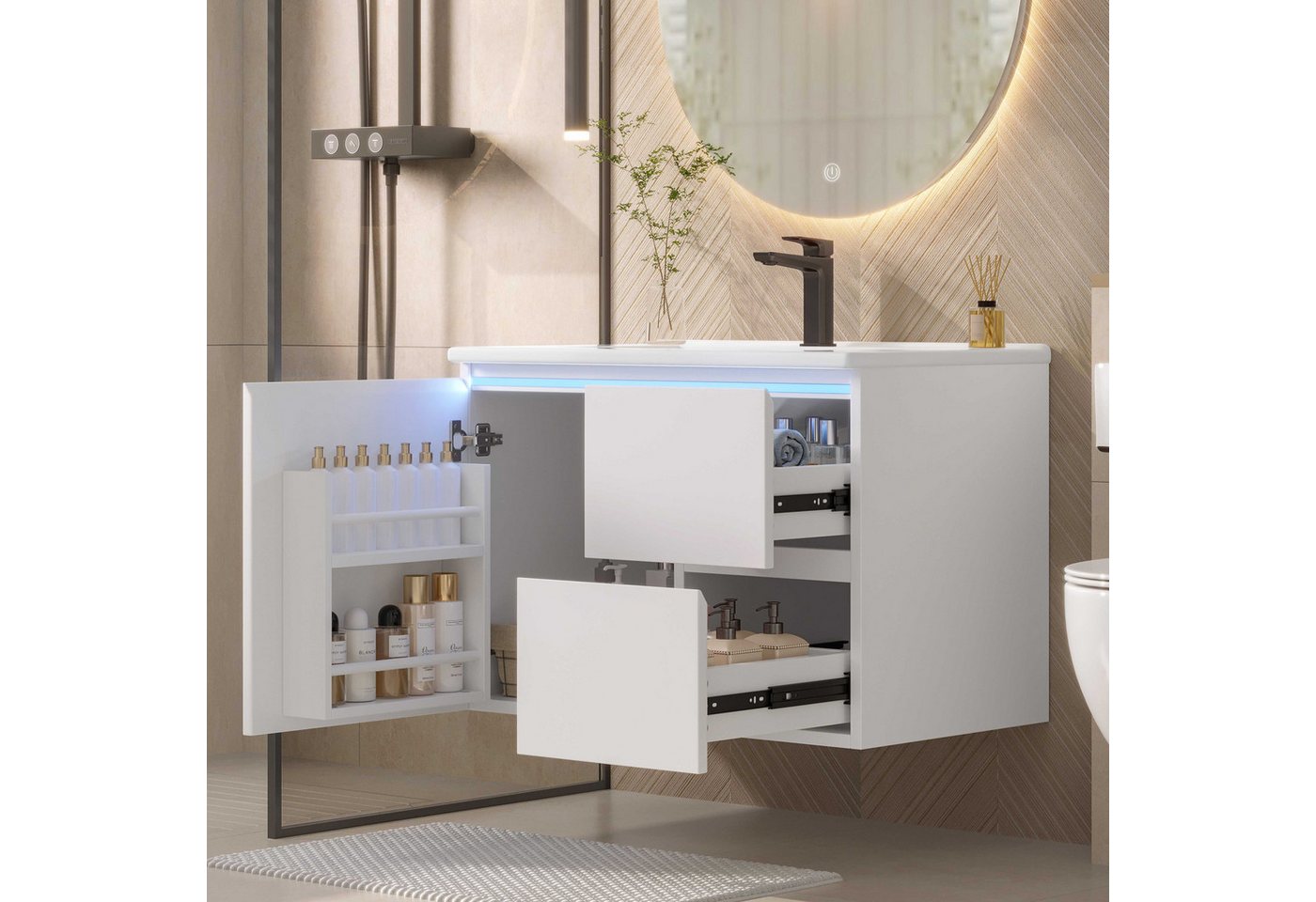 BlingBin Badkommode Wandhängend Badezimmerschränk LED-Radarsensor-Beleuchtung (1 Set, 1 St., 61x46x48.5cm), leise Gleitschienen, Zwei seitliche Ablagen, Waschtisch von BlingBin