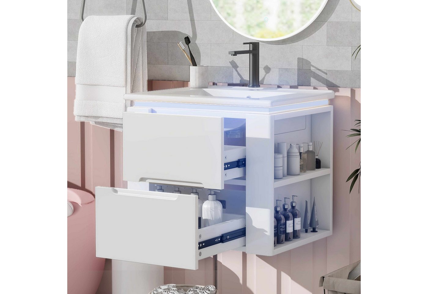 BlingBin Badkommode Wandhängend Badezimmerschränk LED-Radarsensor-Beleuchtung (1 Set, 1 St., 61x46x48.5cm), leise Gleitschienen, Zwei seitliche Ablagen, Waschtisch von BlingBin