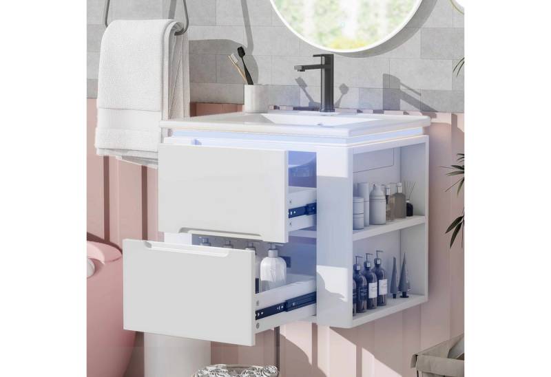 BlingBin Badkommode Wandhängend Badezimmerschränk LED-Radarsensor-Beleuchtung (1 Set, 1 St., 61x46x48.5cm), leise Gleitschienen, Zwei seitliche Ablagen, Waschtisch von BlingBin