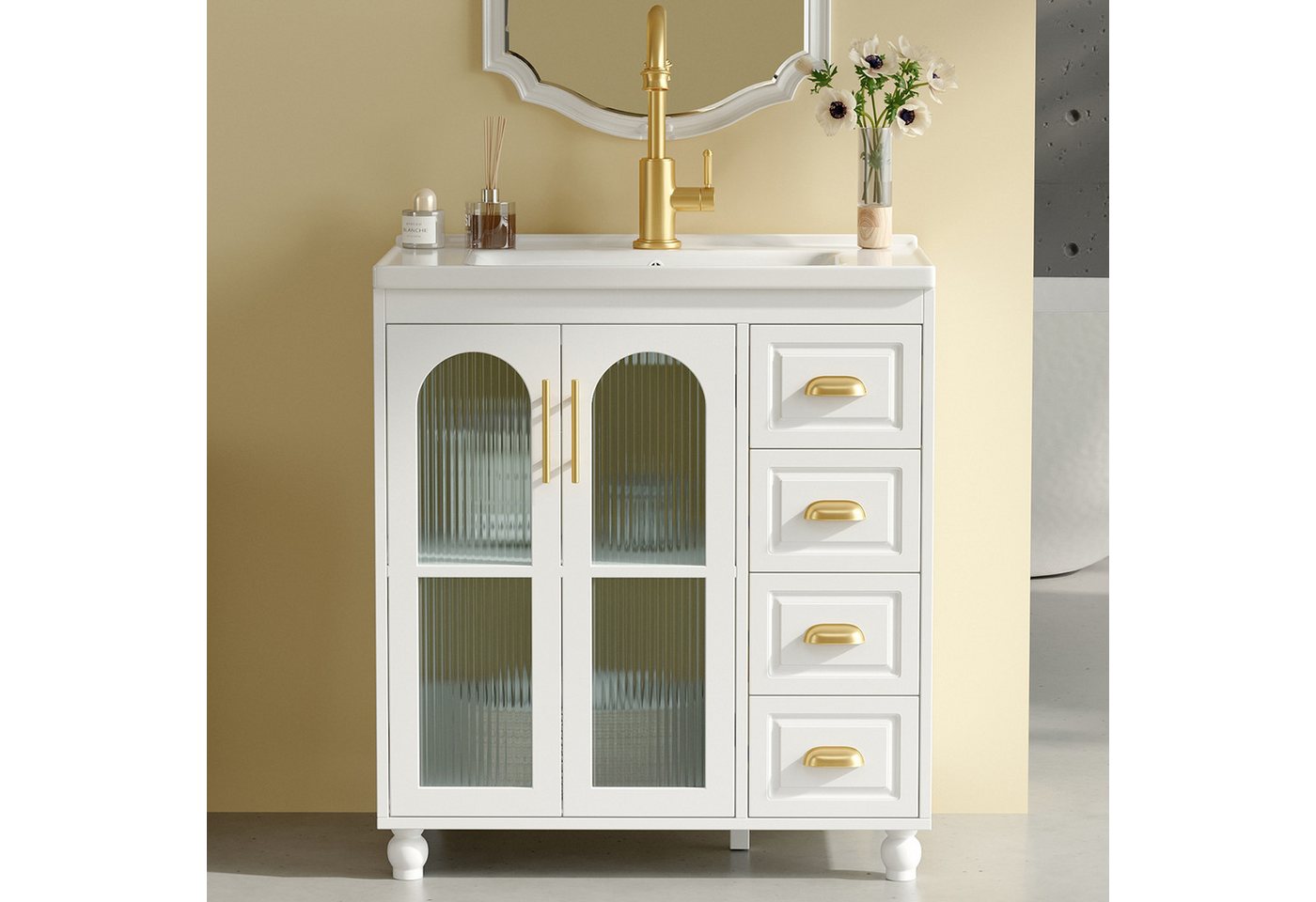 BlingBin Badmöbel-Set Einzel Waschtisch mit Unterschrank, Bodenstehender Badezimmerschrank, (Schrank, 1-St., Waschbecken mit Unterschrank 80 cm), Keramik-Waschbecken, Stauraum mit Schubladen und Türen von BlingBin