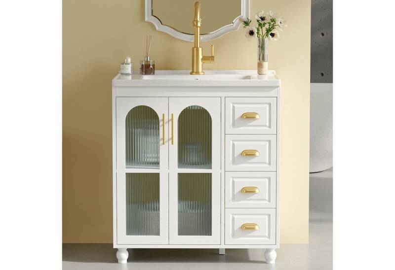BlingBin Badmöbel-Set Einzel Waschtisch mit Unterschrank, Bodenstehender Badezimmerschrank, (Schrank, 1-St., Waschbecken mit Unterschrank 80 cm), Keramik-Waschbecken, Stauraum mit Schubladen und Türen von BlingBin