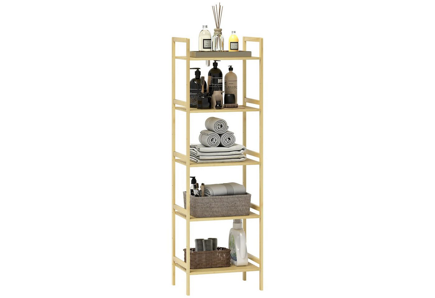 BlingBin Badregal 5-stöckiges Bambus-Badezimmerregal, Offen Standregal Pflanzenregal, Gesamtabmessungen: 43,5 x 31,5 x 142 cm, Belastbarkeit: 25 kg (gesamt), 5 kg (pro Regal) 1-tlg., Freistehendes Aufbewahrungsregal für Wohnzimmer, Badezimmer von BlingBin