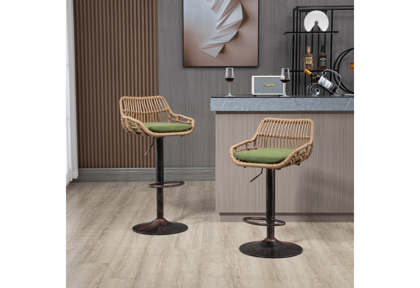 BlingBin Barhocker 2er Set Barstuhl Tresenhocker Bistrohocker mit Rattan Design (2pcs, 2 St., 2er Set), mit Sitzkissen und Fußstütze für Bar, Theke und Küche von BlingBin