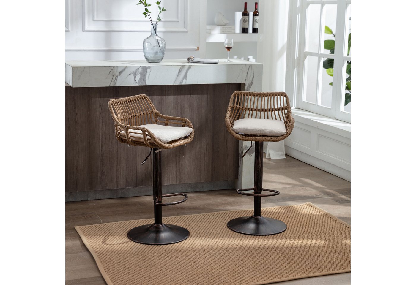 BlingBin Barhocker 2er Set Barstuhl Tresenhocker Bistrohocker mit Rattan Design (2pcs, 2 St., 2er Set), mit Sitzkissen und Fußstütze für Bar, Theke und Küche von BlingBin