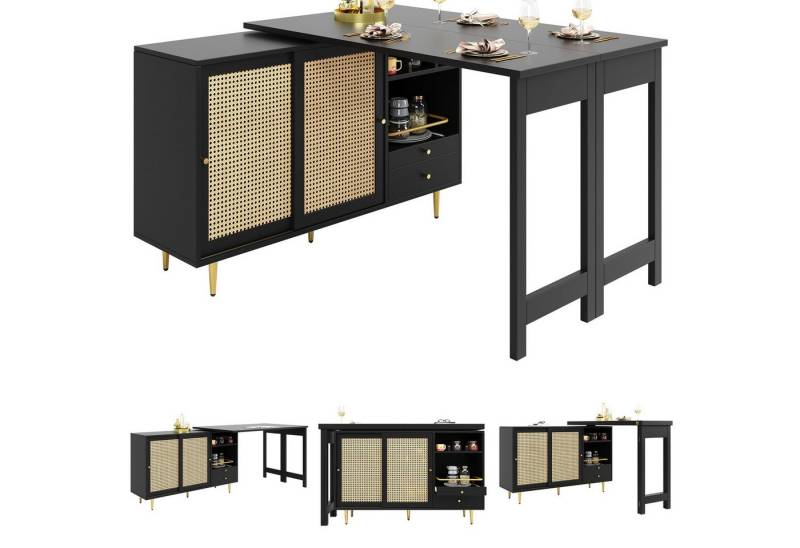 BlingBin Bartisch 360° drehbarer Stehtisch, Ausziehbarer Design-Stehtisch, Bistrotisch (1er Set, 1-St., 107 x 40 x 71,4 cm), Aufbewahrungsschrank mit Rattantür+Lagerregal, für Küche und Esszimmer von BlingBin