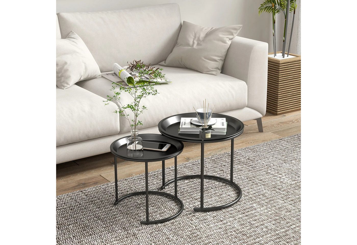 BlingBin Beistelltisch Couchtisch 2er Set stapelbar Kaffeetisch mit abnehmbaren Tischplatten (2er Set, 2-St., großer Tisch und kleiner Tisch), Satztisch mit Metallgestell für Wohnzimmer, Schwarz von BlingBin