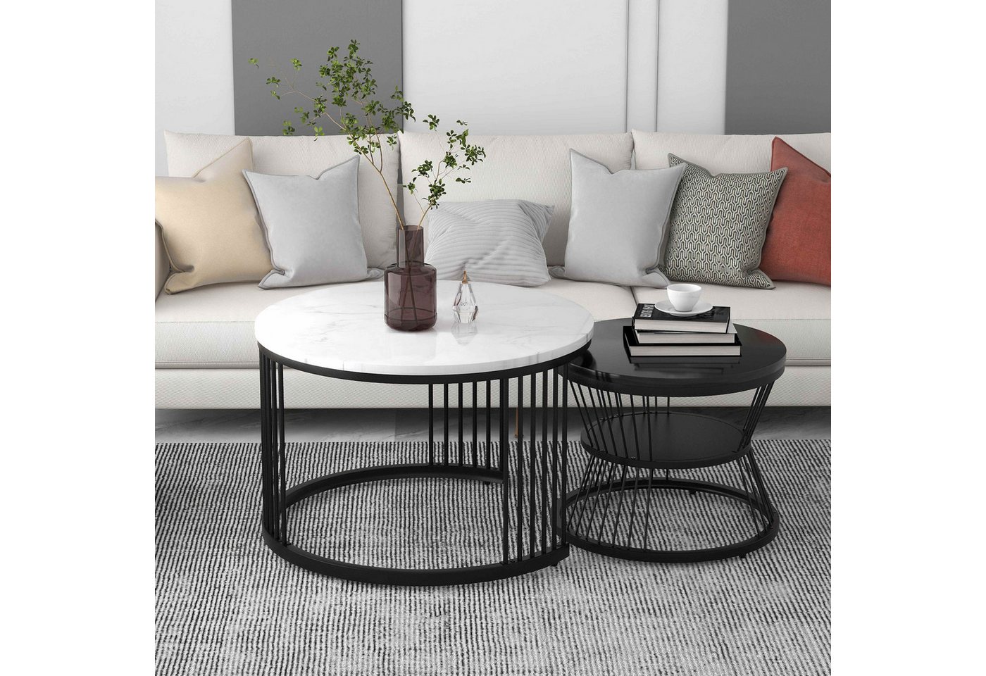 BlingBin Beistelltisch Couchtisch-Set Sofa-Beistelltisch (2-St., Moderner Nesting-Couchtisch Hochglanz-Tischplatte), 2er-Set schwarzer Rahmen von BlingBin