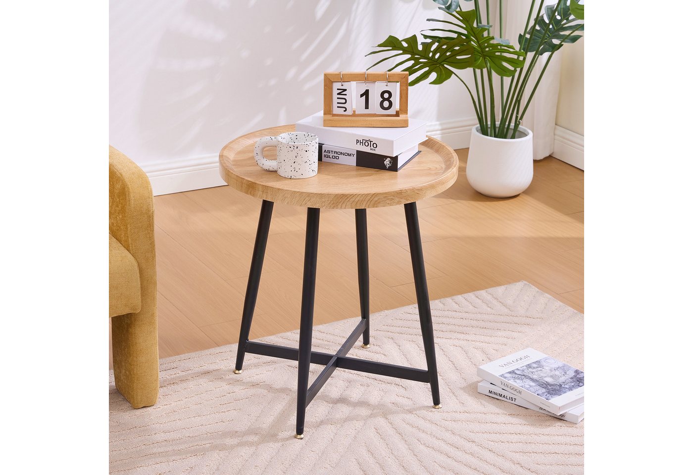 BlingBin Beistelltisch Couchtisch Sofa-Beistelltisch Kleiner runder Tisch mit Metallgestell (Couchtisch, 1-St., 55 x 55 x 60 cm), Moderner minimalistischer runder Couchtisch aus Holz für Wohnzimmer von BlingBin