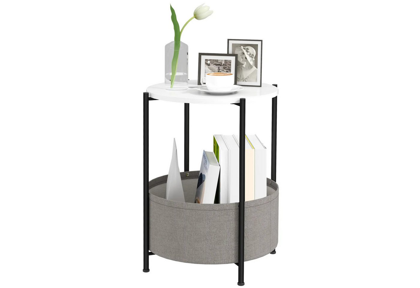 BlingBin Beistelltisch Runder Couchtisch Nachttisch mit einem Regal und Korb aus Stoff (1er Set, 1-St., 44cm x 44cm x 56cm), Sofatisch Kaffeetisch für Wohnzimmer Schlafzimmer von BlingBin