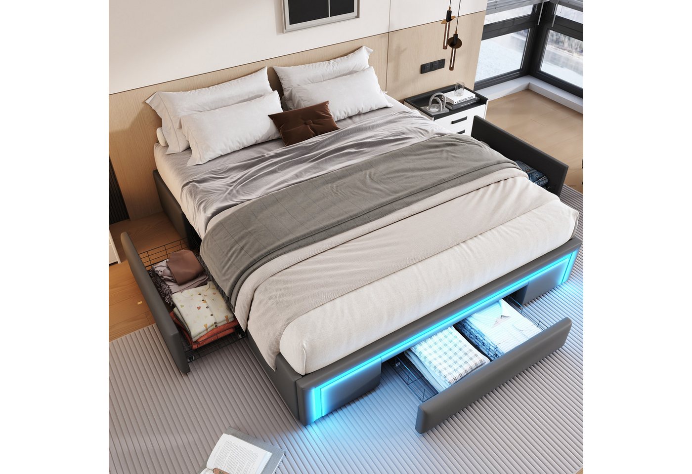 BlingBin Bettgestell Polsterbett Doppelbett Stauraumbett, ohne Kopfteil (1er Set, 1-tlg., 160X200 mit Schubladen, PU-Leder Bett Mit LED-Lichtleiste), Metallplatten Plattformbett für moderne Schlafzimmer von BlingBin
