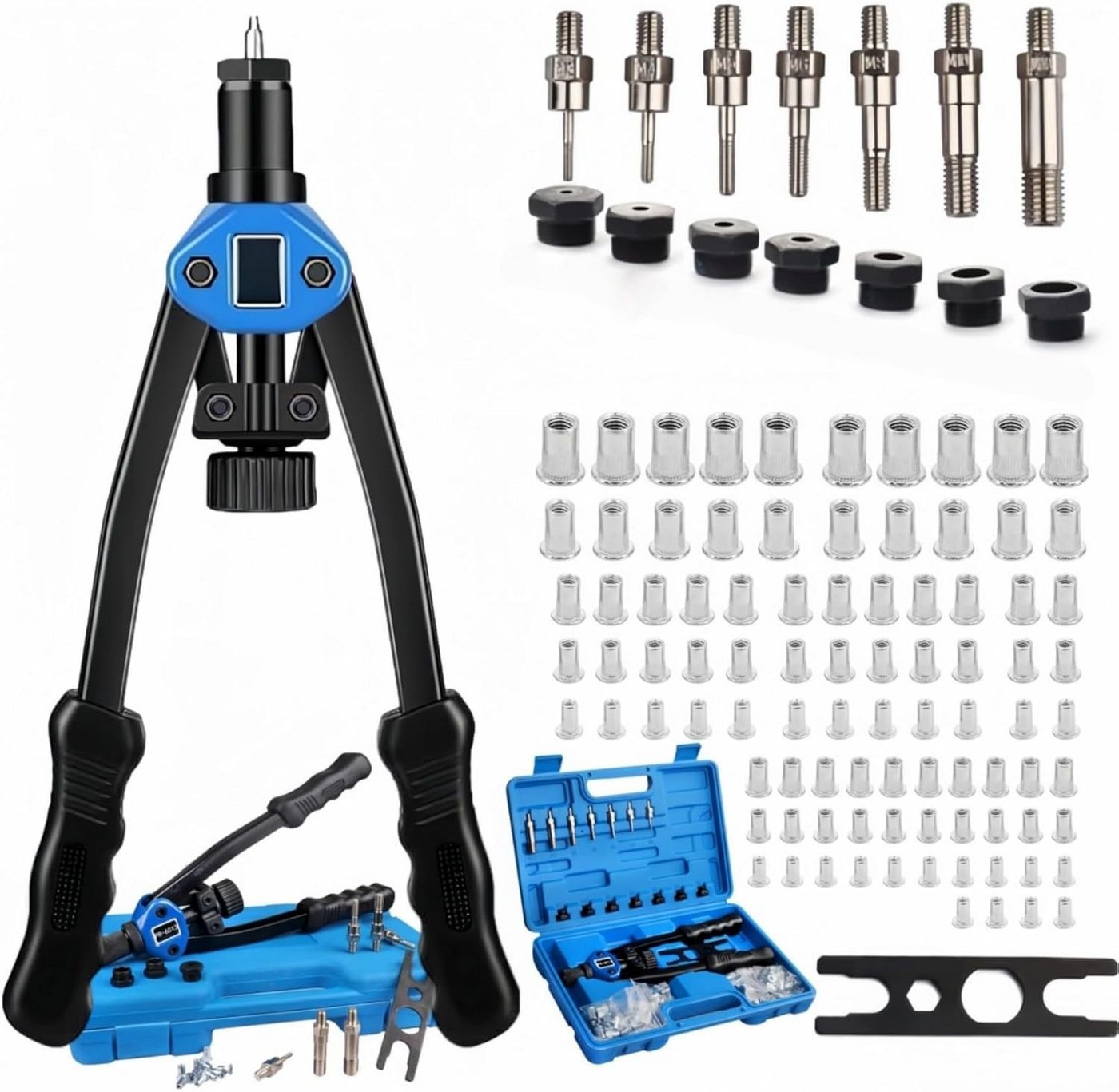 BlingBin Blindnietzange Nietmuttern-Werkzeug, professionelles Nieten-Setter-Set, 1er Set 1-tlg., mit robuster Tragetasche, mit M3 bis M12 metrischen 7 Dornen und 110 Nieten von BlingBin