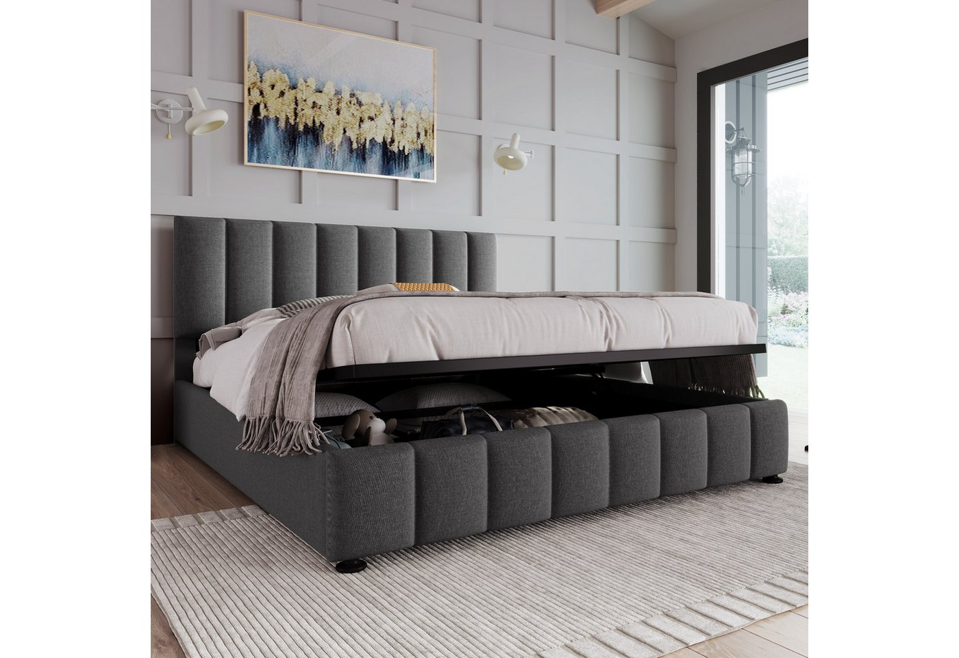 BlingBin Boxspringbett Polsterbett (Modernes Bettgestell mit Stauraum, 140x200cm), Bett mit Verstellbares Kopfteil, Leinenmaterial von BlingBin