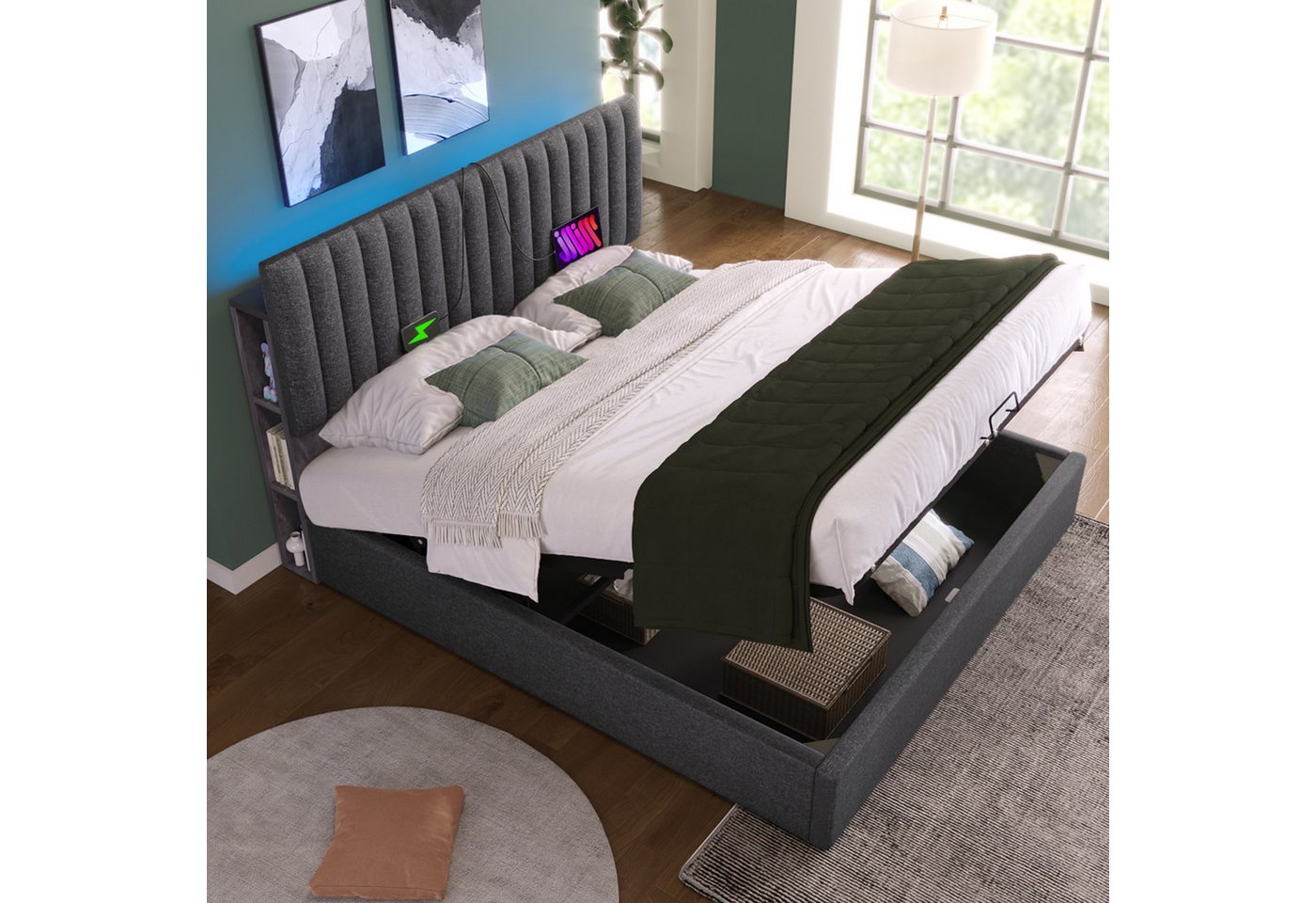 BlingBin Boxspringbett Polsterbett (Doppelbett LED App-Control Bett mit aufladen USB Type C Ladefunktion), Verstellbares Kopfteil, Leinenmaterial von BlingBin