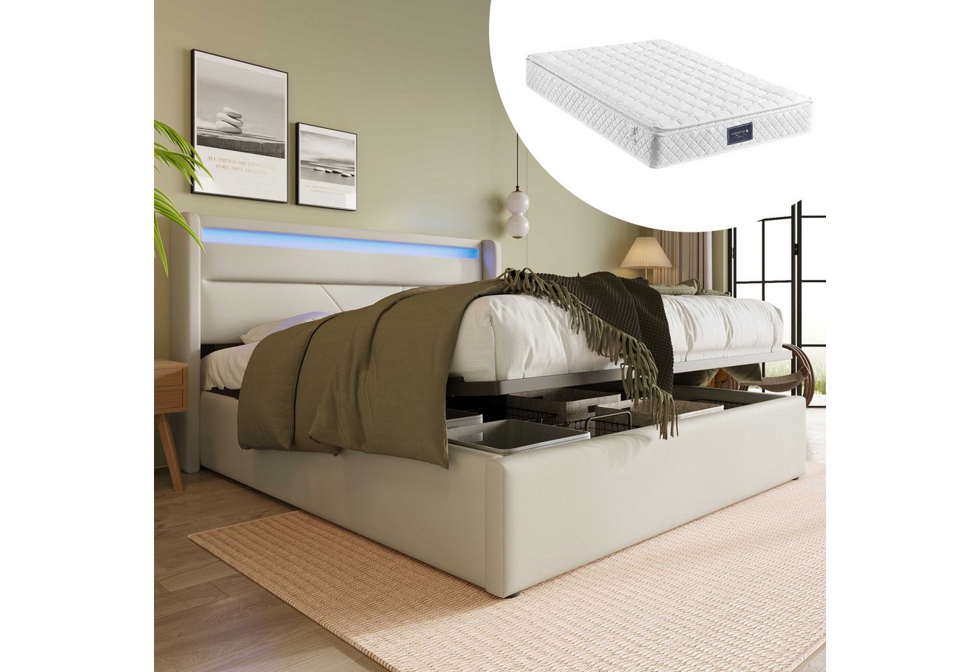 BlingBin Boxspringbett Stauraumbett (1-St), Doppelbett inkl. Farbwechselnde LED-Beleuchtungsleiste von BlingBin