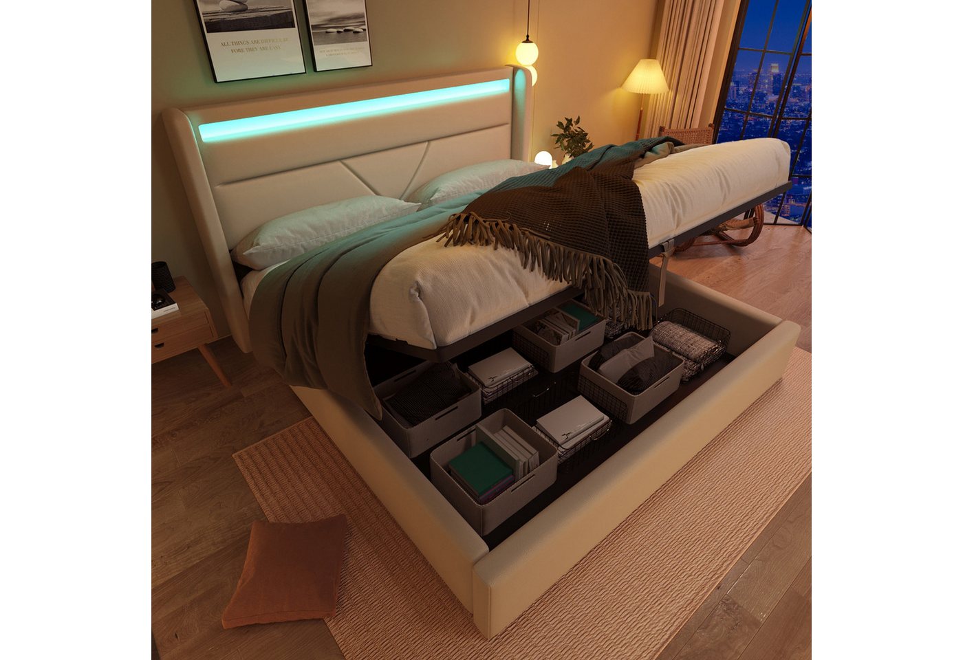 BlingBin Boxspringbett Stauraumbett Polsterbett (1-St., Funktionsbett mit Bettkasten und Lattenrost 140x200cm), Doppelbett inkl. Farbwechselnde LED-Beleuchtungsleiste von BlingBin