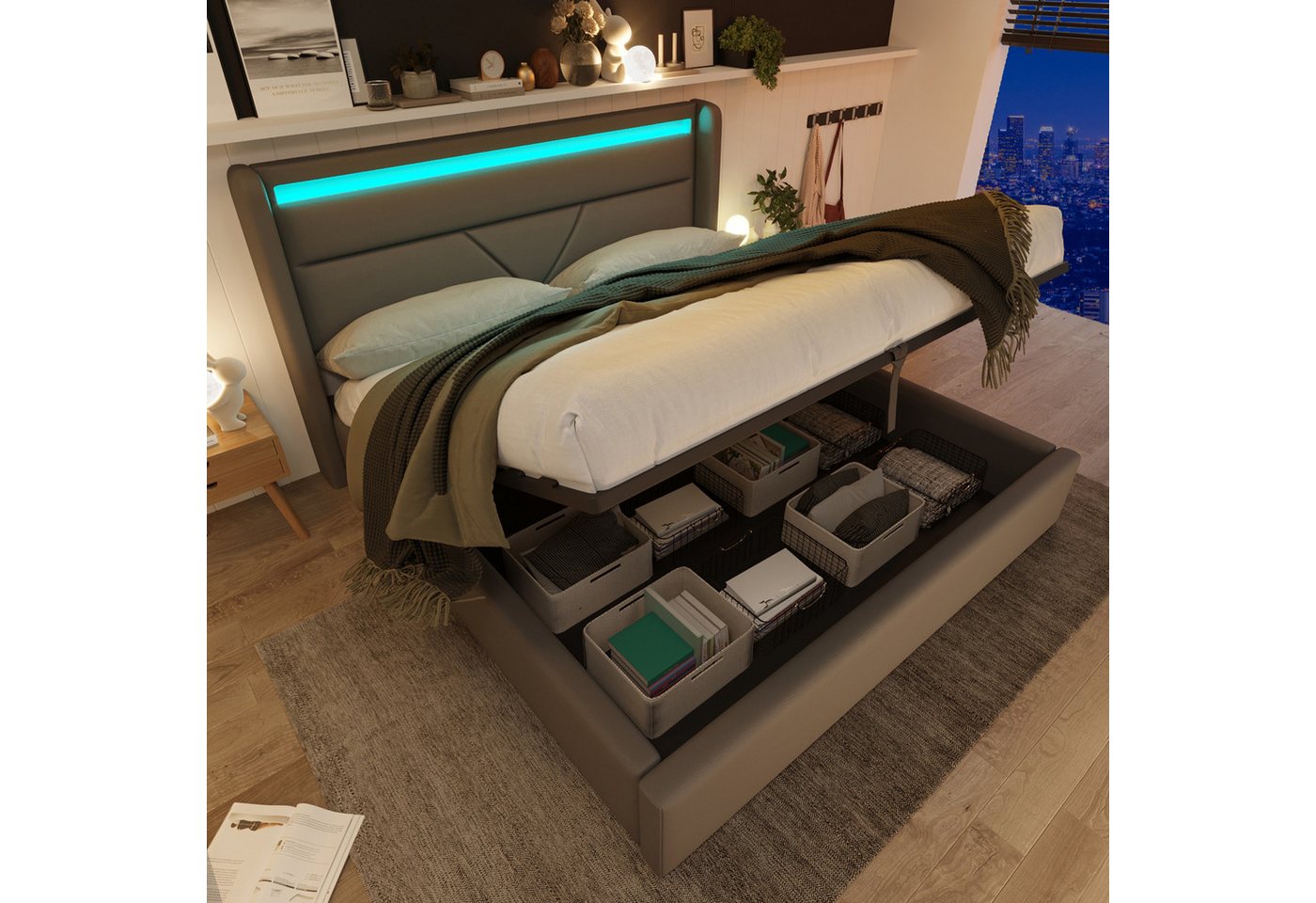 BlingBin Boxspringbett Stauraumbett Polsterbett (1-St., Funktionsbett mit Bettkasten und Lattenrost 160x200cm), Doppelbett inkl. Farbwechselnde LED-Beleuchtungsleiste von BlingBin