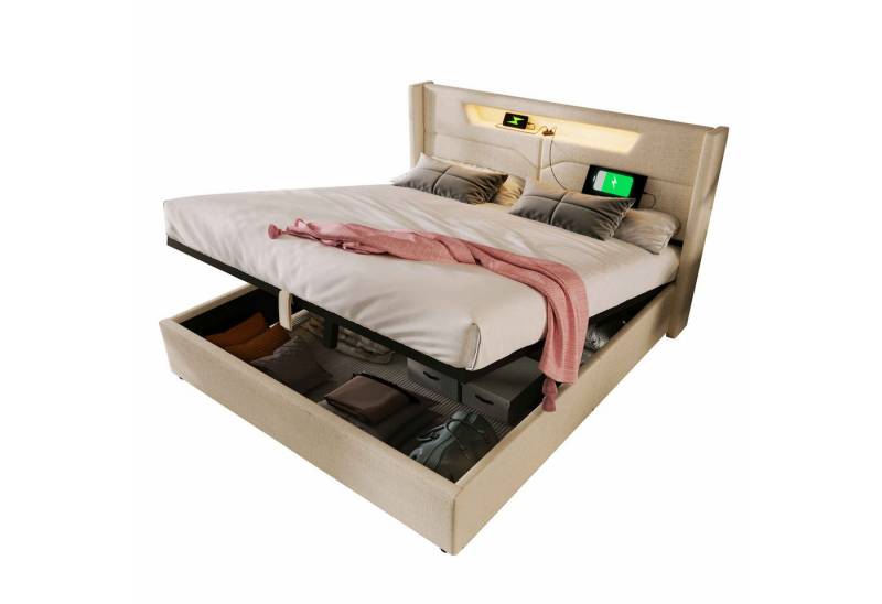 BlingBin Boxspringbett Stauraumbett Polsterbett (1-St., Funktionsbett mit Bettkasten und Lattenrost 160x200cm), Doppelbett inkl. Farbwechselnde LED-Beleuchtungsleiste von BlingBin