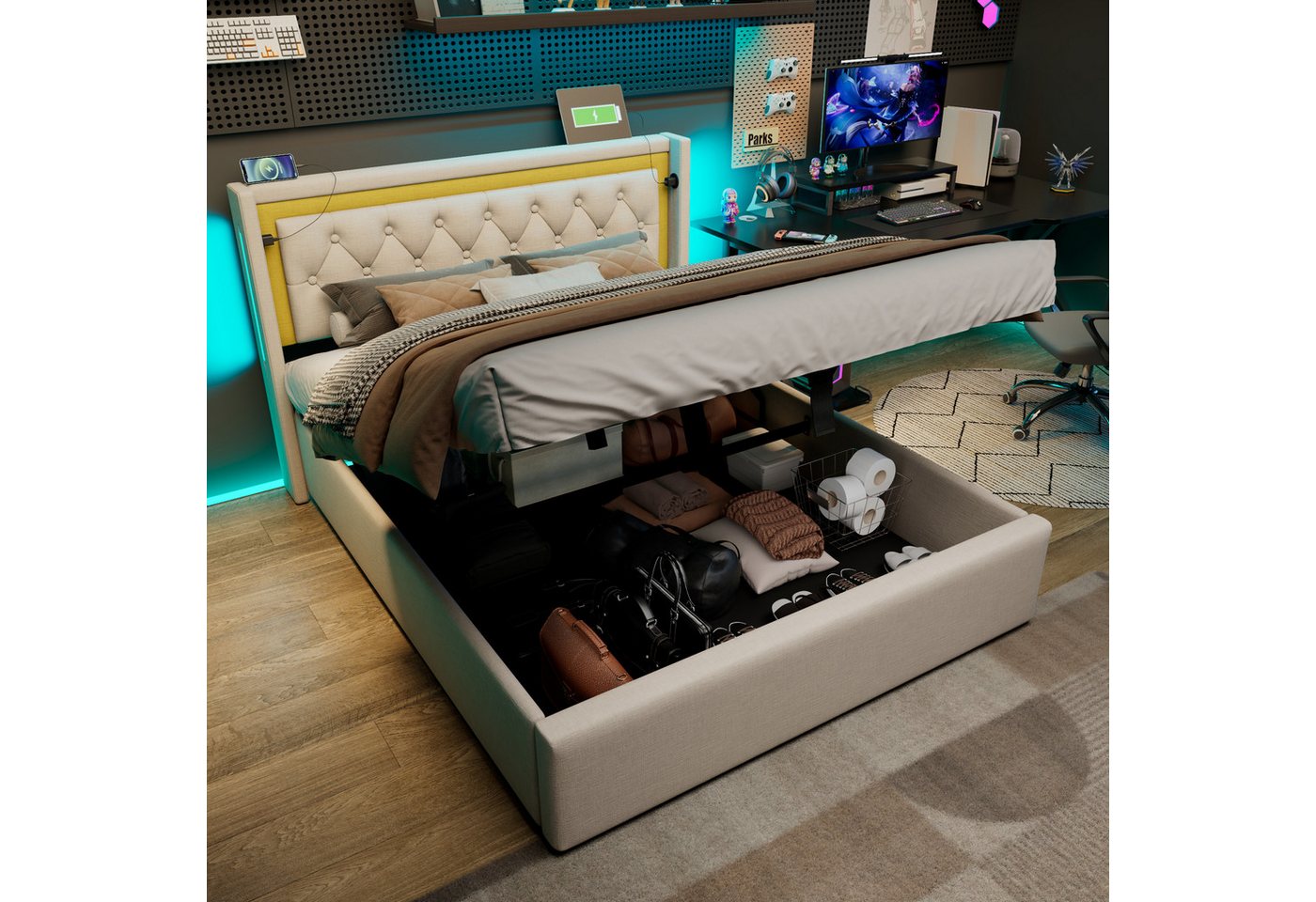 BlingBin Boxspringbett Stauraumbett Polsterbett (1-St., mit USB Typ C Ladefunktion, Bettgestell aus Baumwolle), Doppelbett inkl. Farbwechselnde LED-Beleuchtungsleiste von BlingBin