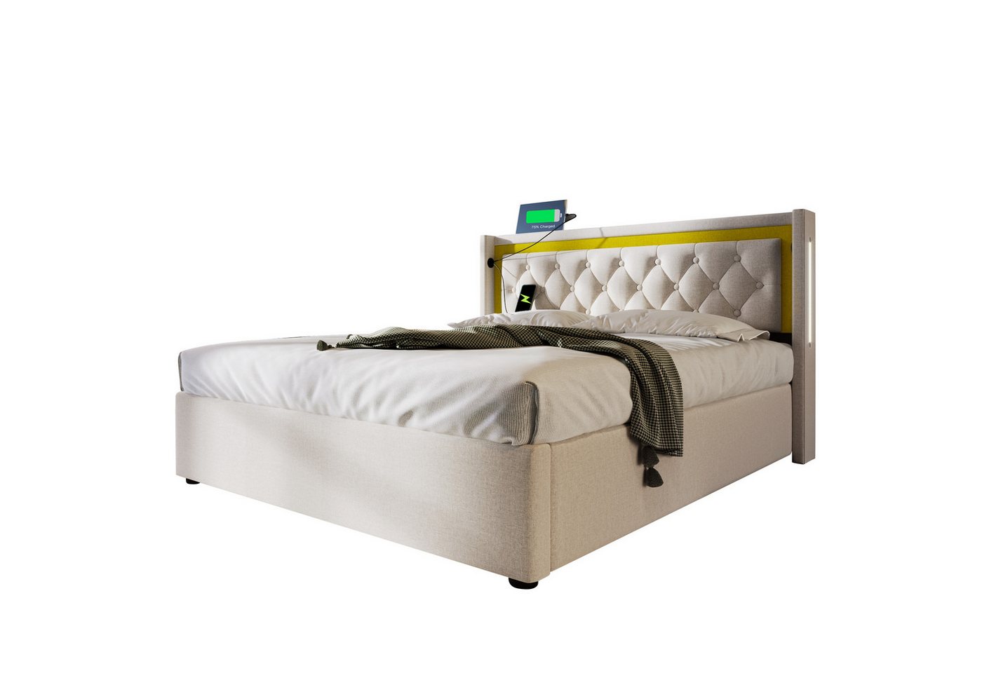 BlingBin Boxspringbett Stauraumbett Polsterbett (4-St., mit USB Typ C Ladefunktion, Bettgestell aus Baumwolle), Doppelbett inkl. Farbwechselnde LED-Beleuchtungsleiste von BlingBin