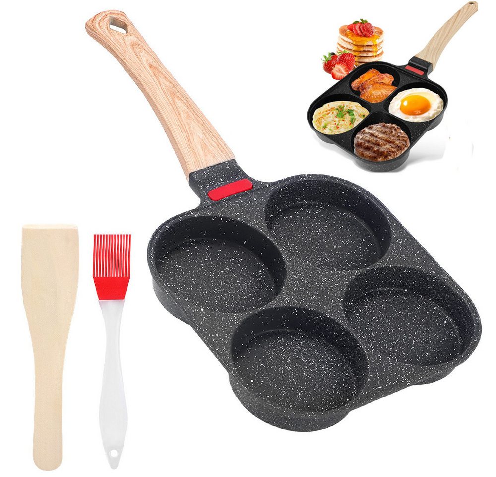 BlingBin Bratpfanne 4-Loch Pancake-Pfanne mit Holzgriff, Antihaft, 37×19 cm, Steinzeug, Aluminium (1er Set, 1-tlg., 1 Stück), Antihaft-Beschichtung für fettarmes und leichtes Kochen von BlingBin