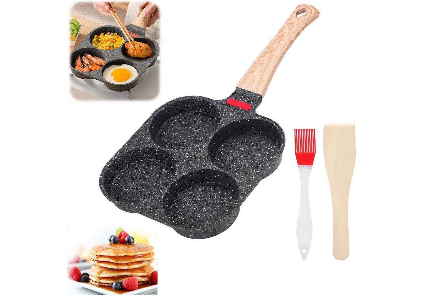 BlingBin Bratpfanne Omelettpfanne, 4 Löcher, mit Silikonbürste und Holzspatel, Aluminium (1er Set, 1-tlg., 21.50x4.50x24.50), Antihaftbeschichtet, geeignet für Induktions- und Gaskochfelder von BlingBin