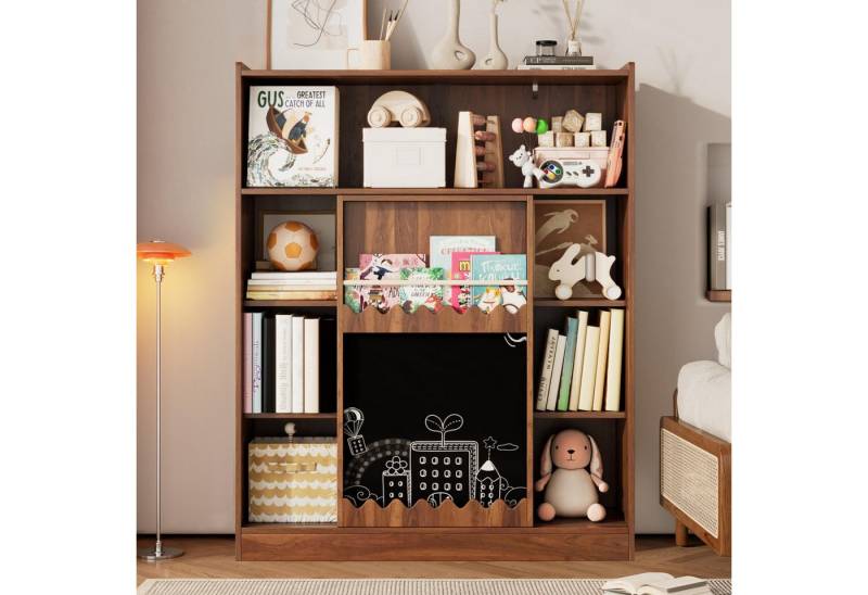 BlingBin Bücherregal Bücherschrank Standschrank Standregal Hochschrank, Aufbewahrungsschrank mit Tafel, Schiebetüren & Bilderbuchablage 1-tlg., Offenes 9-Fach Regal mit Großem Stauraum, Nussbaumfarben von BlingBin