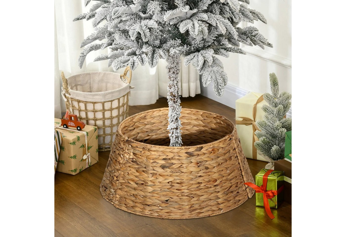 BlingBin Christbaumständer Weihnachtsbaumrock Ständerverkleidung Weihnachtsbaum Kragen (1-tlg., rustikal,Flechtmuster,Wasserhyazinthe,Metallverstärkung), Ø60 x28cm,für Party, Weihnachten, Natur von BlingBin