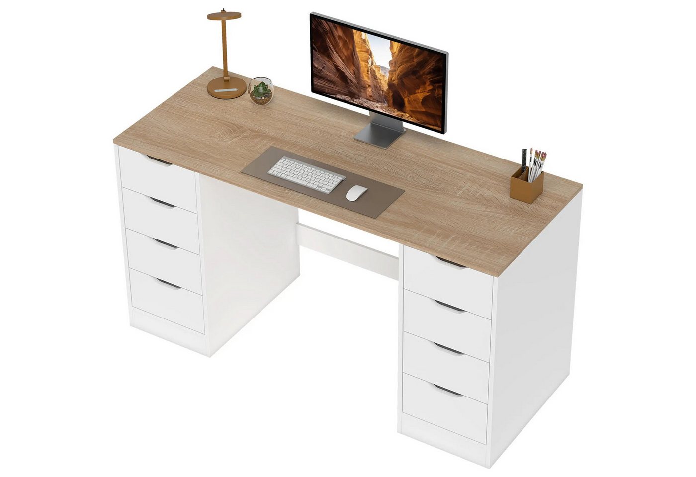 BlingBin Computertisch Moderner Schreibtisch mit 8 Schubladen Bürotisch 140 x 53 x 75 cm (1er Set, 2-St., 140cm x 53cm x 75cm), Schreibtisch für Homeoffice, Schlafzimmer, Wohnzimmer von BlingBin