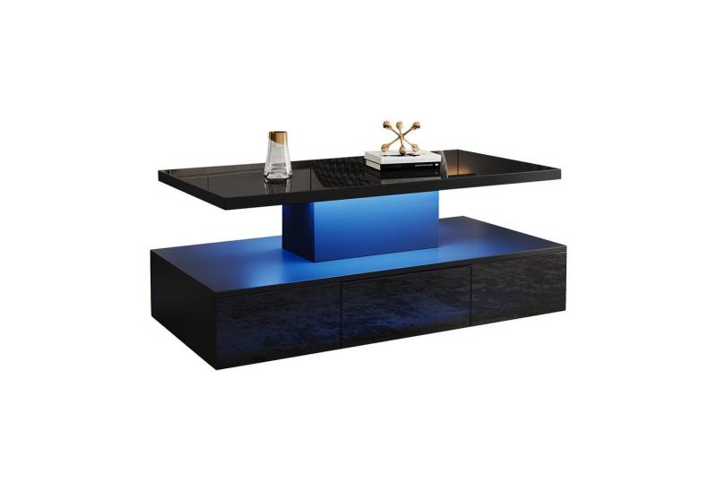 BlingBin Couchtisch 100cm Beistelltisch Wohnzimmertisch mit Schubladen (1er Set, 1-St., Sofatisch mit offenem Ausstellungsregal und 1 Schiebeschubladen), mit Zwei Ablagen Ebenen Kaffeetisch mit 16-farbigem LED-Licht von BlingBin