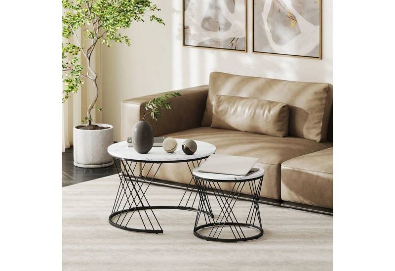 BlingBin Couchtisch 2er Set Kleiner Beistelltisch Marmor Couchtisch Weiß Rund Satztische (2 Stück, 2-St., klein und groß), runde Kaffeetische für Wohnzimmer, ineinanderstellbar von BlingBin