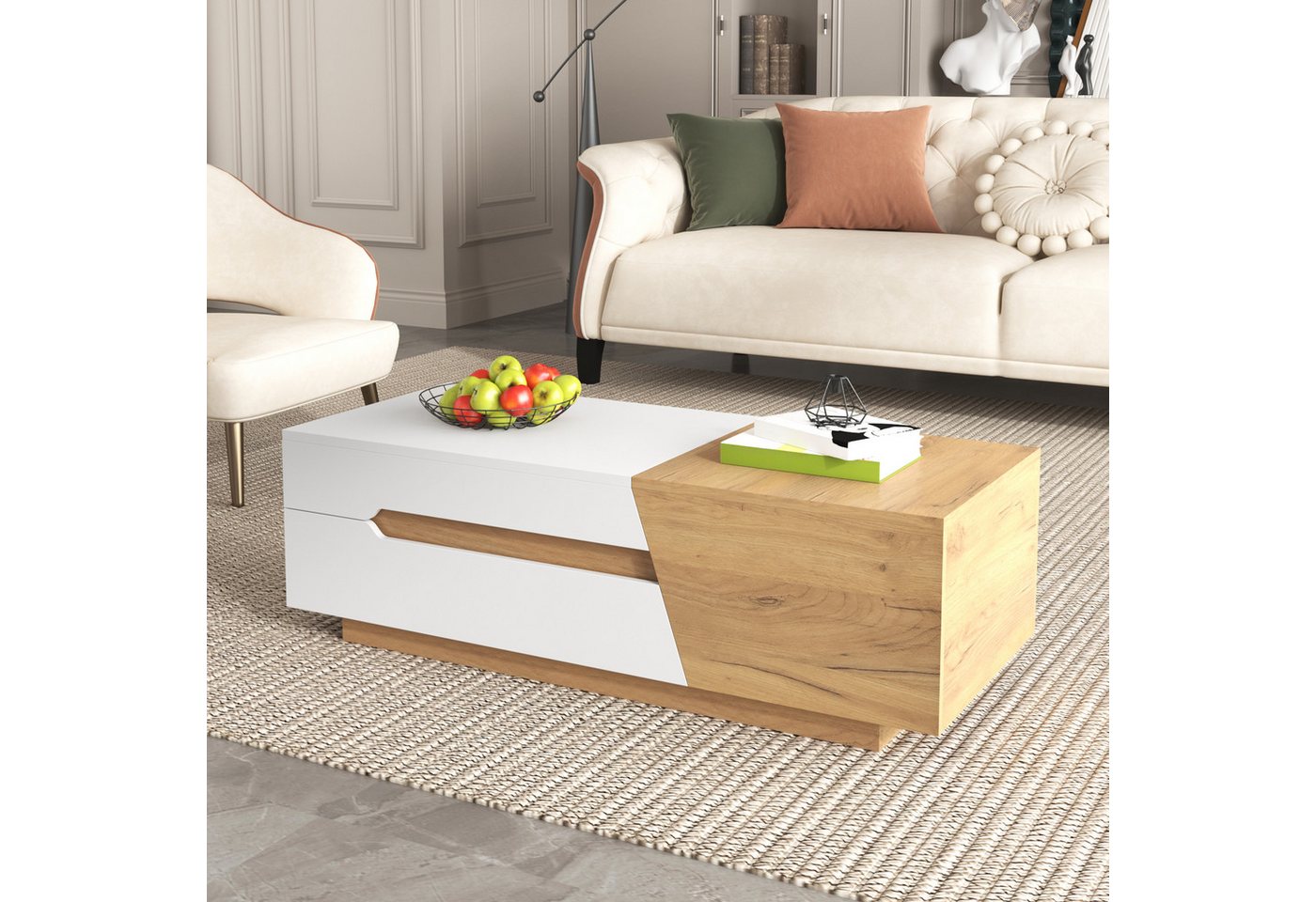 BlingBin Couchtisch Ausziehbarer Couchtisch, Kaffeetisch Sofatisch Teetisch Beistelltisch (Wohnzimmertisch mit Schubladen, MDF, 1-St., Moße: 120*50*37,5cm, Produktladung: 35KG), Beistelltisch mit Farbblockstruktur für Wohnzimmer, Weiß & Holzfarbe von BlingBin