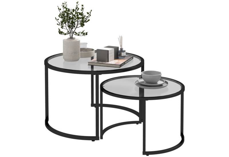 BlingBin Couchtisch Couchtisch 2er-Set, Beistelltisch mit Schwarz Stahlgestell, Sofatisch (2er set, 1-St., Ø70 x 47,5H cm (großer Tisch), Ø54 x 42,5H cm (kleiner Tisch), Tischplatte aus Hartglas, teilweise stapelbar, für Wohnzimmer von BlingBin