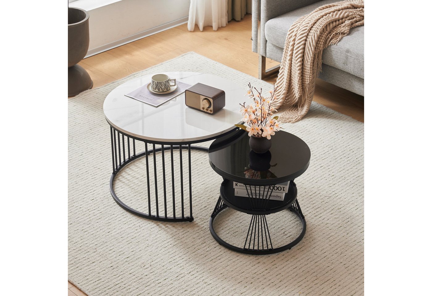 BlingBin Couchtisch Couchtisch-Set, Sofa-Beistelltisch (2-St., Moderner Nesting-Couchtisch Marmormuster Hochglanz-Tischplatte), runder Nesting-Couchtisch, 2er-Set, schwarzer Rahmen von BlingBin