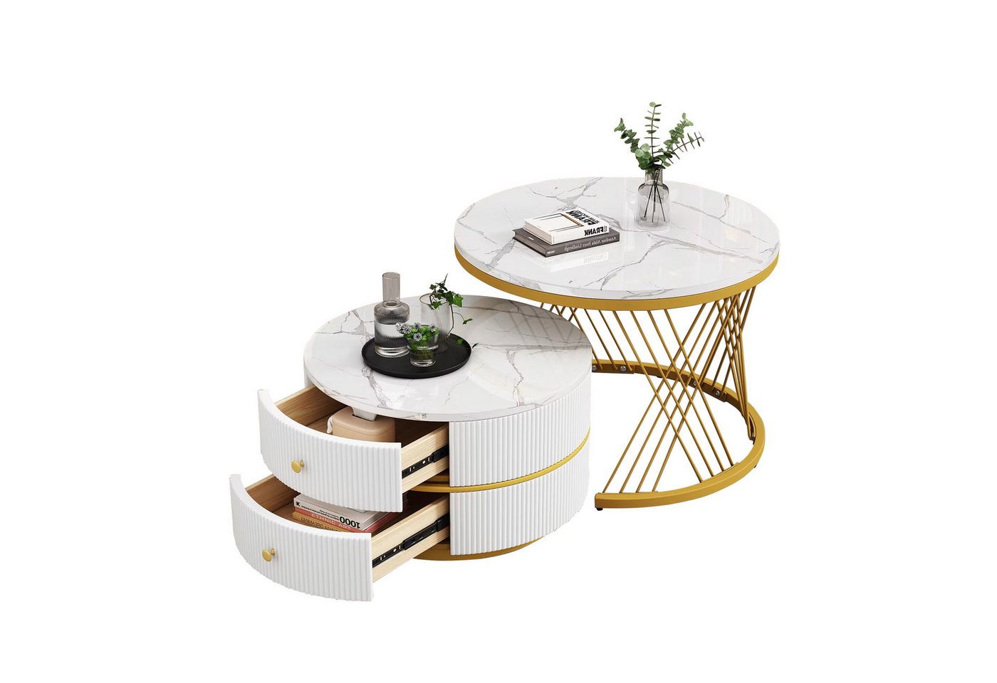 BlingBin Couchtisch Elegantes 2-teiliges, Weißes Couchtisch-Set in Nestform (60*60*46cm & 50*50*30.8cm, 2-St., Runde Tische mit hochglänzender Marmoroptik), 2 Schubladen, bis 30kg belastbar, Nesting-Kombination Couchtisch von BlingBin