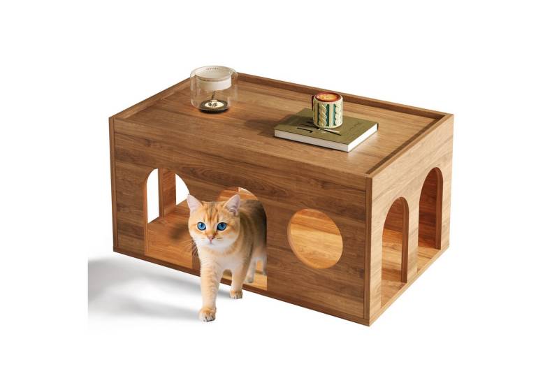 BlingBin Couchtisch Haustierfreundlicher Sofatisch Kaffeetisch Teetisch mit Katzenlöchern (1er Set, 1-St., Maße: 80*50*40cm, Tragfähigkeit der Tischplatte: 25kg), Beistelltisch für Wohnzimmer und Menschen-Tier-Interaktion, Nussbaum von BlingBin