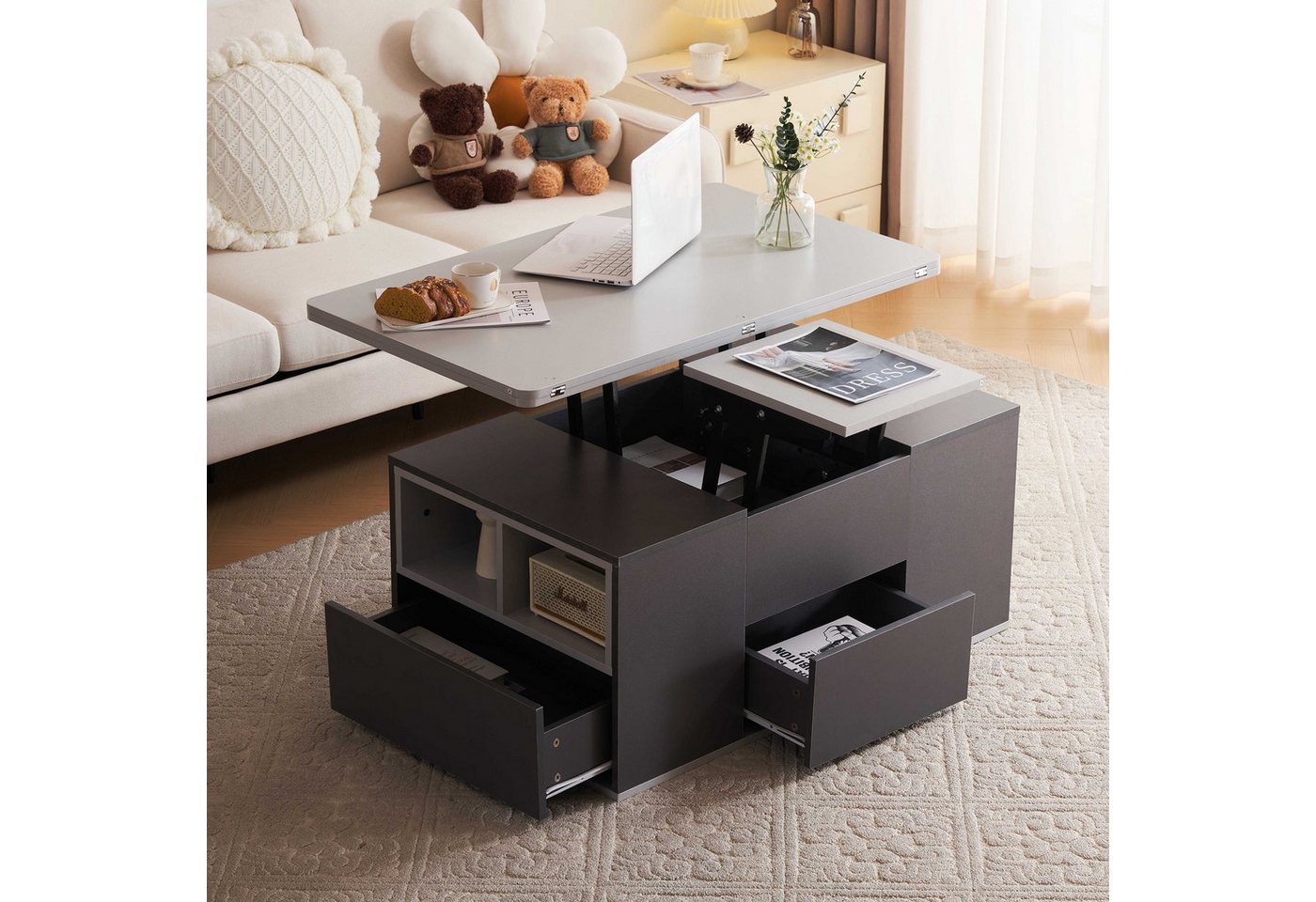 BlingBin Couchtisch Hebbarer Multifunktions,Tischplatte öffnet sich zu 2 Tischen (1 Set, 1-St., 100*51*47cm(L*W*H), moderne Wohnzimmermöbel, Büro Esstisch Beistelltisch von BlingBin