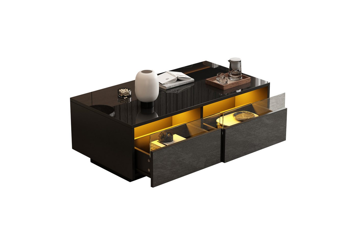 BlingBin Couchtisch Hochglanz-LED-Couchtisch, Sofatisch Teetisch Kaffeetisch (Aufbewahrungstisch mit 2 Schubladen und Vitrinentür, gehärtetem Glas, 1-St., Größe: 94*50*34cm, Gesamttragfähigkeit beträgt 30 kg), Beistelltisch für Wohnzimmer, Arbeitszimmer, Spanplatte, Schwarz von BlingBin