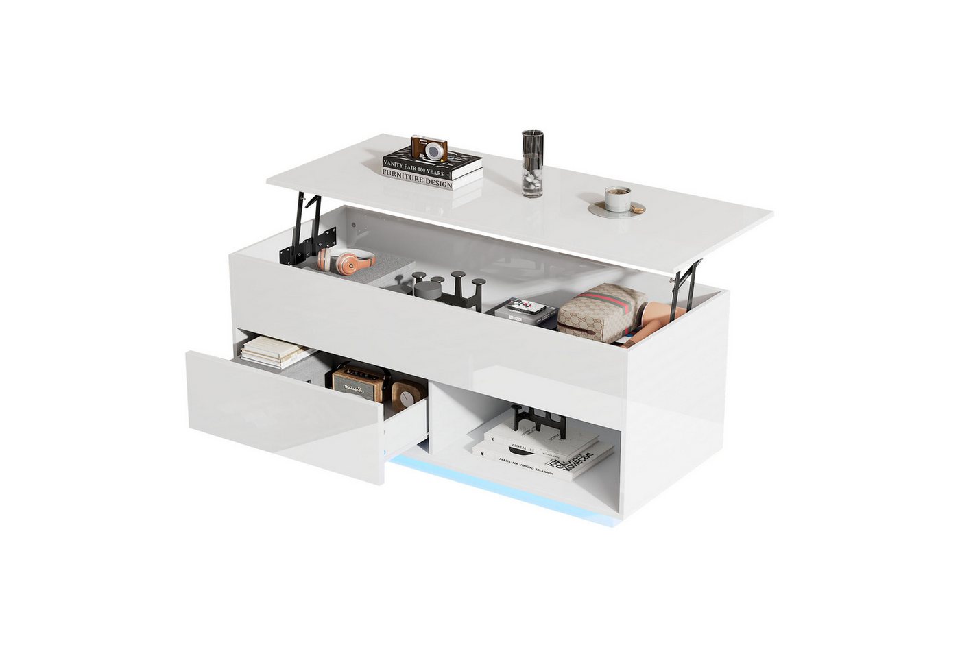 BlingBin Couchtisch Hochglanz-Lift-Top-Couchtisch mit LED-Beleuchtung (1er Set, 1-St., Wohnzimmertisch 100x50x55 cm), mit einem Schubladen und einer Tragkraft von 50 kg von BlingBin