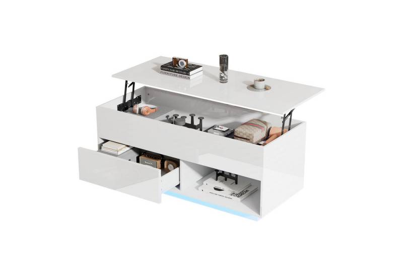 BlingBin Couchtisch Hochglanz-Lift-Top-Couchtisch mit LED-Beleuchtung (1er Set, 1-St., Wohnzimmertisch 100x50x55 cm), mit einem Schubladen und einer Tragkraft von 50 kg von BlingBin
